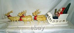 Large 1940s Christmas Santa n Sleigh with Reindeer Set Paper Mache n Celluloid