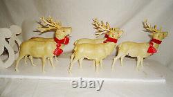 Large 1940s Christmas Santa n Sleigh with Reindeer Set Paper Mache n Celluloid