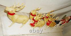 Large 1940s Christmas Santa n Sleigh with Reindeer Set Paper Mache n Celluloid