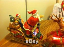 Large Hand Painted Porcelain Santa Claus on Sleigh & 3pcs Reindeer Table Piece