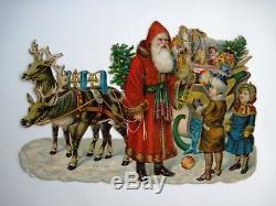 Large Vintage Christmas Die Cut with Santa, Sled, Reindeer & Kids