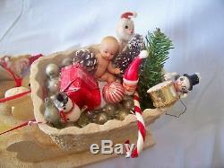 Large Vintage Christmas Santa w Filled Sleigh & Celluloid Reindeer