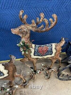 Large hand painted 3d santa sleigh with reindeer metal ornate cut Tin Holiday