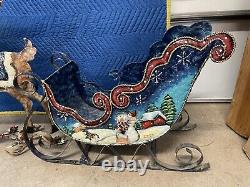 Large hand painted 3d santa sleigh with reindeer metal ornate cut Tin Holiday