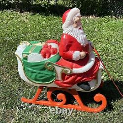 Light Up Santa Claus On A Sleigh Blow Mold With Reindeer Yard Holiday Decor Rare