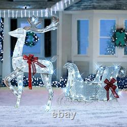 Lighted Christmas Decorations Outdoor, Pre-Lit 3D Santa Sleigh Reindeer with 100