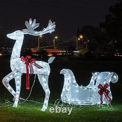 Lighted Christmas Decorations Outdoor, Pre-Lit 3D Santa Sleigh Reindeer with 100