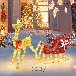 Lighted Christmas Reindeer & Santa Sleigh Set, Light-Up Outdoor Xmas Holiday Dec