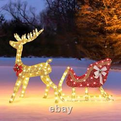 Lighted Christmas Reindeer & Santa Sleigh Set, Light-Up Outdoor Xmas Holiday Dec