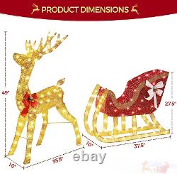 Lighted Christmas Reindeer & Santa Sleigh Set, Light-Up Outdoor Xmas Holiday Dec