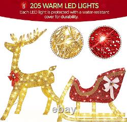 Lighted Christmas Reindeer & Santa Sleigh Set, Light-Up Outdoor Xmas Holiday Dec