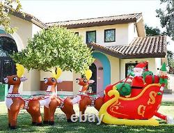 Lighted Inflatable Christmas Decor Prop 12 FT Long Santa Claus Sleigh & Reindeer