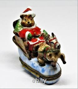 Limoges Box Christmas Santa Claus Teddy Bear Sleigh & Reindeer Peint Main