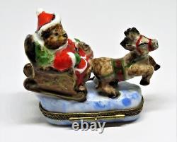 Limoges Box Christmas Santa Claus Teddy Bear Sleigh & Reindeer Peint Main