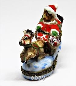 Limoges Box Christmas Santa Claus Teddy Bear Sleigh & Reindeer Peint Main