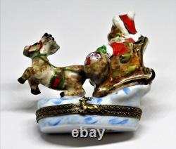 Limoges Box Christmas Santa Claus Teddy Bear Sleigh & Reindeer Peint Main