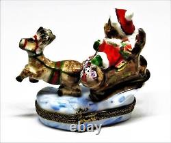 Limoges Box Christmas Santa Claus Teddy Bear Sleigh & Reindeer Peint Main