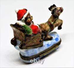 Limoges Box Christmas Santa Claus Teddy Bear Sleigh & Reindeer Peint Main