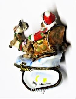 Limoges Box Christmas Santa Claus Teddy Bear Sleigh & Reindeer Peint Main