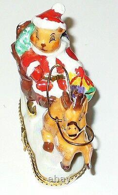 Limoges France Box Christmas Santa Claus Teddy Bear Sleigh & Reindeer Le