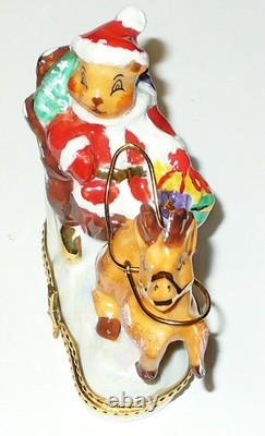 Limoges France Box Christmas Santa Claus Teddy Bear Sleigh & Reindeer Le