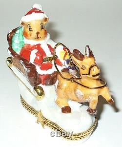 Limoges France Box Christmas Santa Claus Teddy Bear Sleigh & Reindeer Le