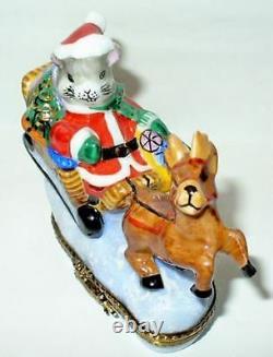 Limoges France Box Christmas Santa Mouse & Sleigh & Reindeer Peint Main