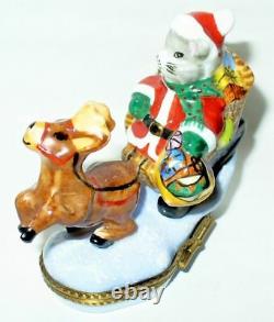 Limoges France Box Christmas Santa Mouse & Sleigh & Reindeer Peint Main