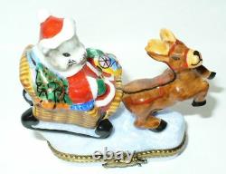 Limoges France Box Christmas Santa Mouse & Sleigh & Reindeer Peint Main