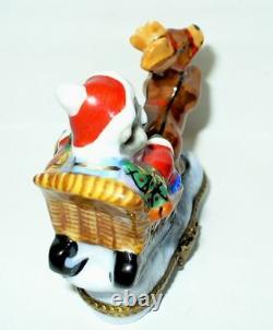 Limoges France Box Christmas Santa Mouse & Sleigh & Reindeer Peint Main