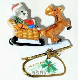 Limoges France Box Christmas Santa Mouse & Sleigh & Reindeer Peint Main