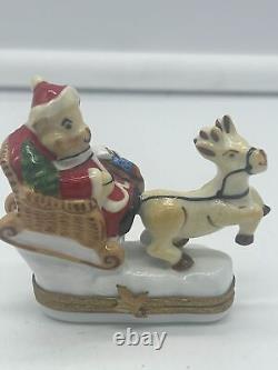Limoges France Trinket Box Teddy Bear Santa on Sleigh with Reindeer Peint Main