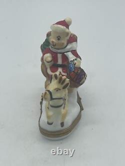 Limoges France Trinket Box Teddy Bear Santa on Sleigh with Reindeer Peint Main