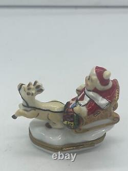 Limoges France Trinket Box Teddy Bear Santa on Sleigh with Reindeer Peint Main