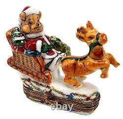 Limoges Teddy Bear Santa in Sleigh Reindeer Trinket Box France Peint Main Hinged