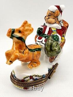 Limoges Teddy Bear Santa in Sleigh Reindeer Trinket Box France Peint Main Hinged