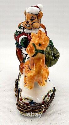 Limoges Teddy Bear Santa in Sleigh Reindeer Trinket Box France Peint Main Hinged