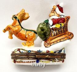 Limoges Teddy Bear Santa in Sleigh Reindeer Trinket Box France Peint Main Hinged