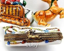 Limoges Teddy Bear Santa in Sleigh Reindeer Trinket Box France Peint Main Hinged