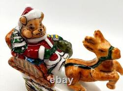 Limoges Teddy Bear Santa in Sleigh Reindeer Trinket Box France Peint Main Hinged