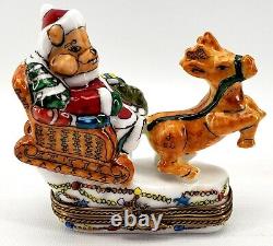 Limoges Teddy Bear Santa in Sleigh Reindeer Trinket Box France Peint Main Hinged