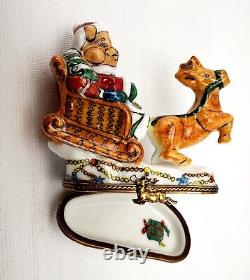 Limoges Teddy Bear Santa in Sleigh Reindeer Trinket Box France Peint Main Hinged