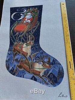 Liz Hand-painted Needlepoint Canvas Santa & His Sleigh & Reindeer