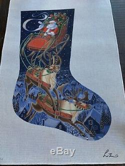 Liz Hand-painted Needlepoint Canvas Santa & His Sleigh & Reindeer