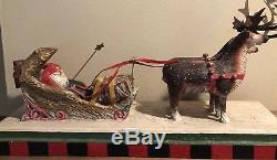 Lou Schifferl Midwest Cannon Falls Large Santa Sleigh Reindeer Folk Carved Rare