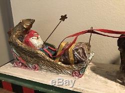 Lou Schifferl Midwest Cannon Falls Large Santa Sleigh Reindeer Folk Carved Rare