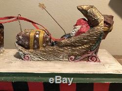 Lou Schifferl Midwest Cannon Falls Large Santa Sleigh Reindeer Folk Carved Rare