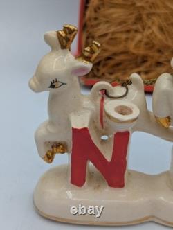 MCM Vintage NOEL Japan SANTA CLAUS w SLEIGH Reindeer Candleholders ORIGINAL BOX