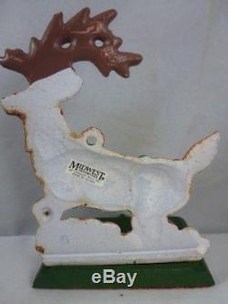 MIDWEST CAST IRON SANTA IN SLEIGH AND 4 SANTA'S REINDEER STOCKING HANGER SET 5pc