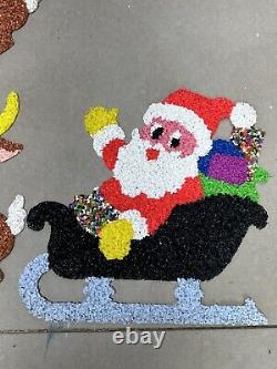 Melted Plastic Popcorn Santa In Sleigh, 7 Rudolph Red Nose Reindeer